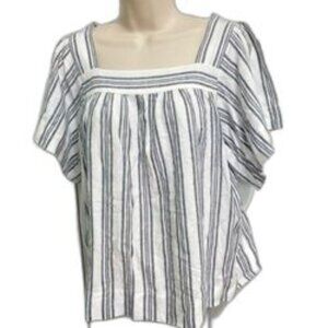 LOFT Nautical Stripe Blue Metallic Gold Thread Peasant Top Womens Medium